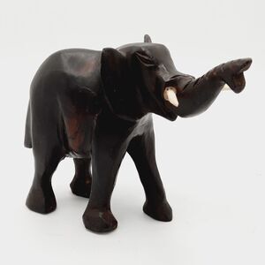 Vtg Black Ebony Wood Hand Carved Bone African Elephant Figurine w/Tusk (Flawed)